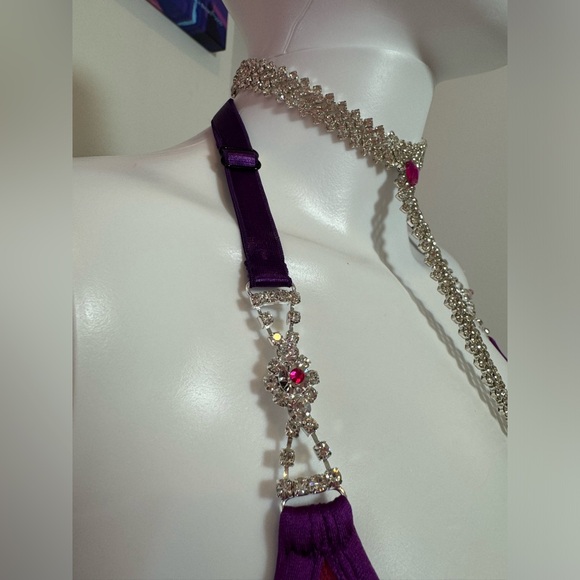 Pink & Purple Sequin Rhinestone Burlesque 5 Piece Lingerie Set XS/XS Hand Sewn - Picture 12 of 17